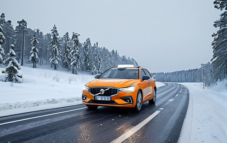 **A self-driving car navigating a snowy Swedish winter road. The car should be equipped with advanced sensors, and snow should be visible on the road and surrounding landscape. Focus on demonstrating the challenges of winter driving in Sweden.**